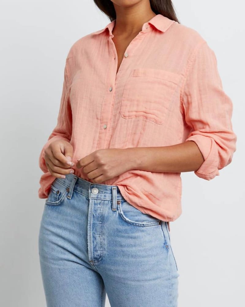 Front of a model wearing a size L Ellis Shirt in Peach in Peach by Rails. | dia_product_style_image_id:334931